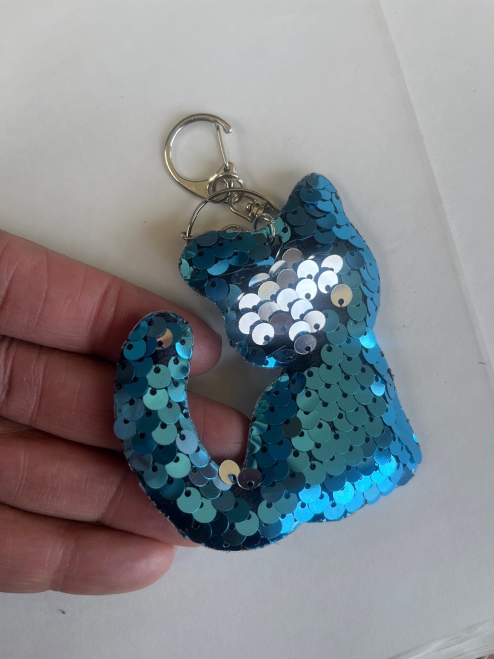 Sequin Cat Keychain Charm in Shimmering Blue Hand Crafted - Picture 4 of 4